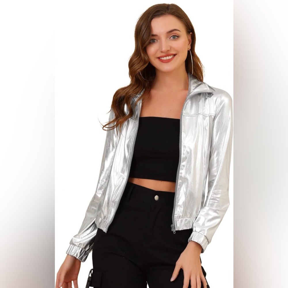 Allegra K Women's Long Sleeve Lightweight Zipper Metallic Jacket
